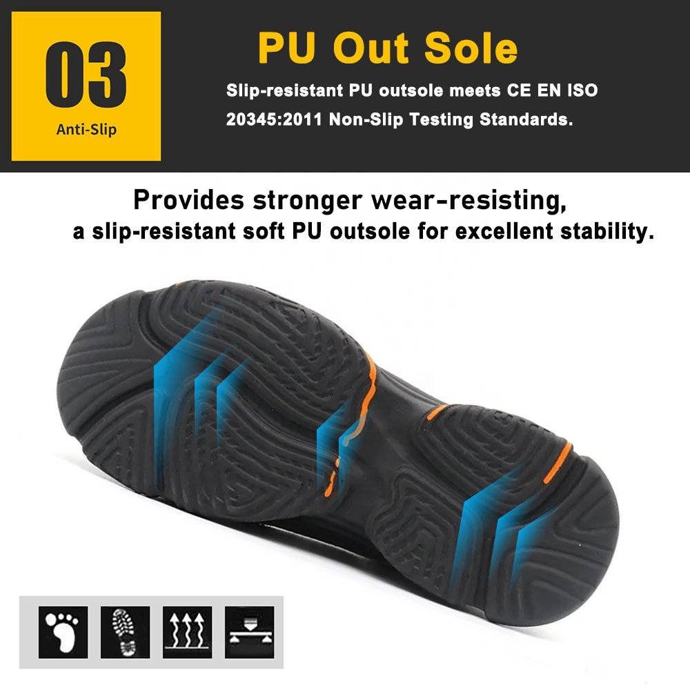 Black slip resistant PU sole puncture proof lightweight sneaker safety shoes men women steel toe work boots