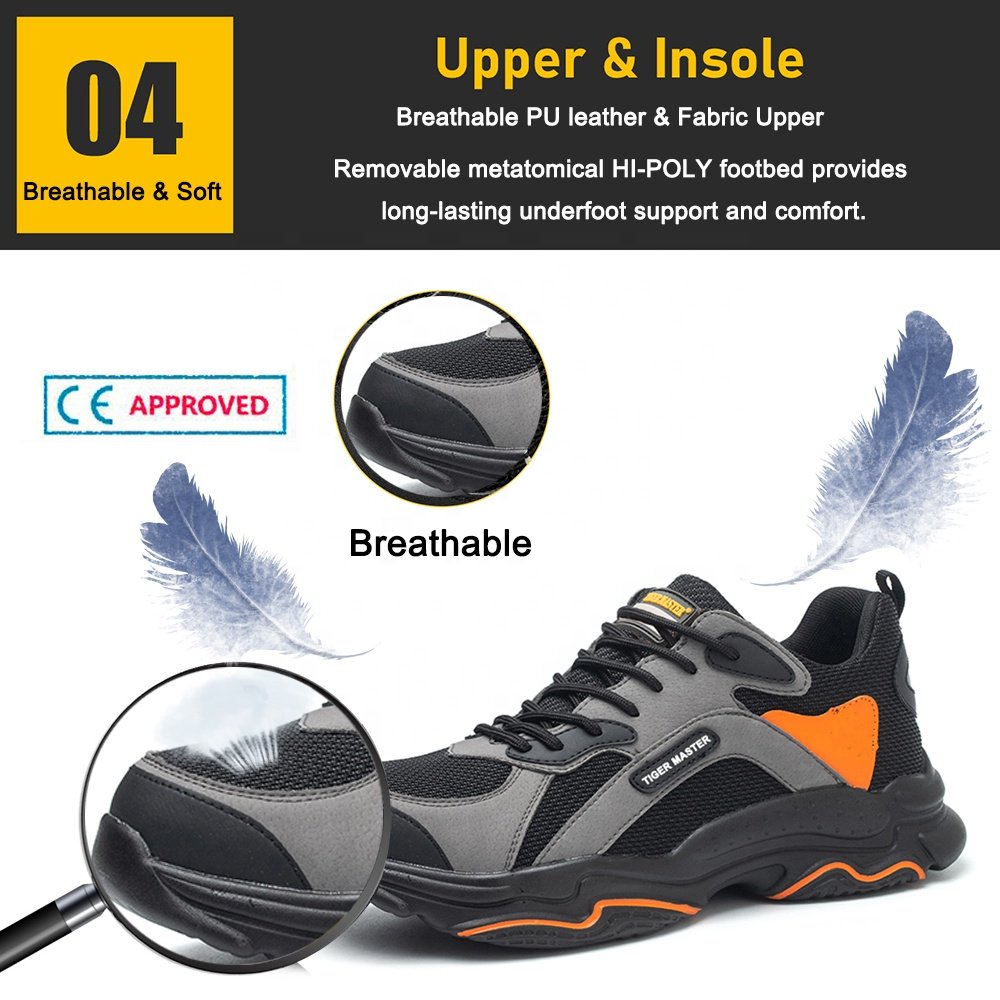 Black slip resistant PU sole puncture proof lightweight sneaker safety shoes men women steel toe work boots