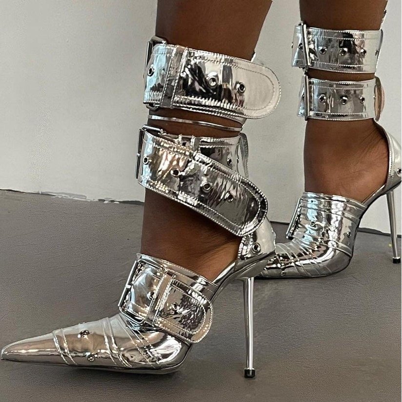 Enmayer Sexy Women's Ankle Boots Silver Shiny PU Leather High Quality Ladies Boots Pointed Toe Luxury Women's Shoes