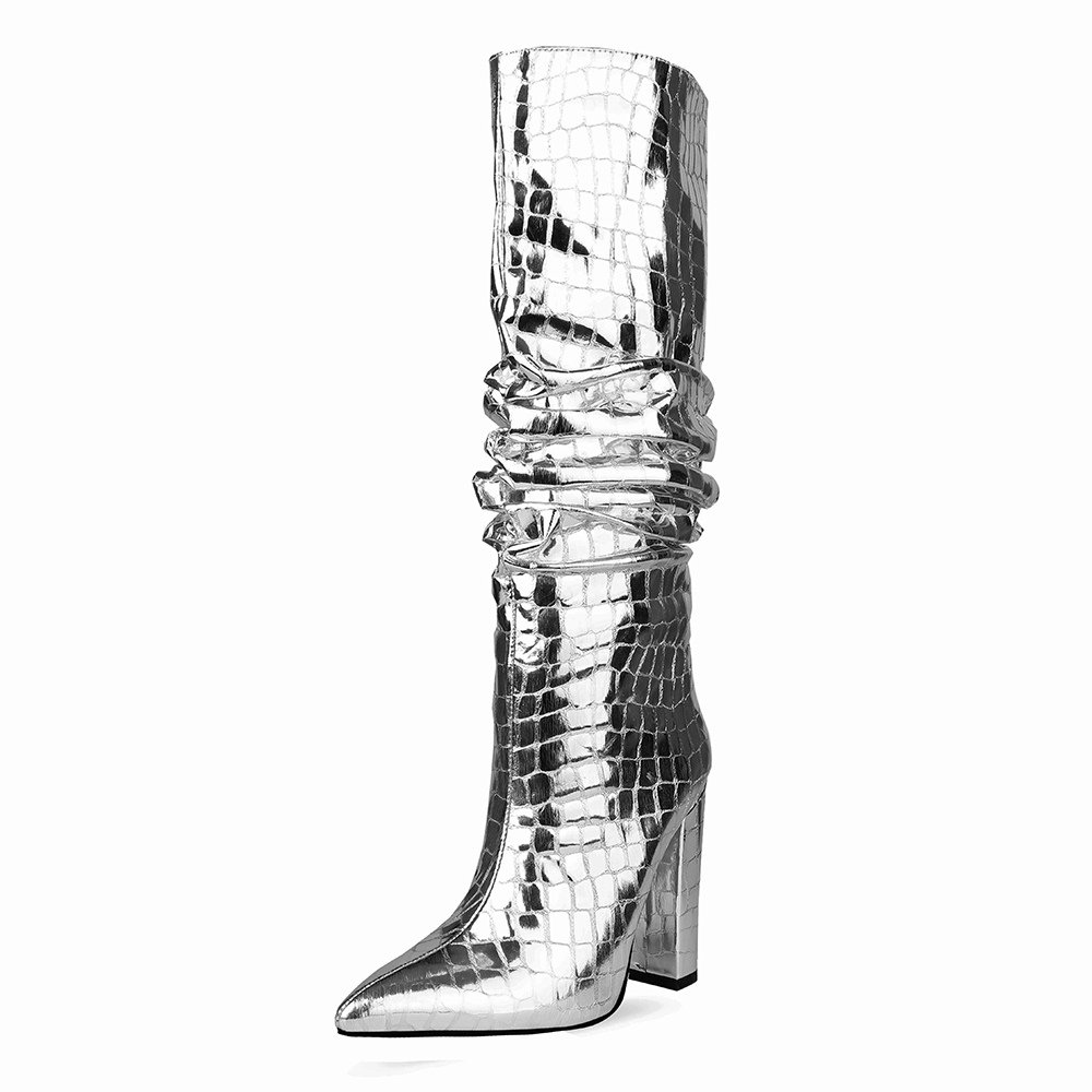 Women's Fashion Mid-Calf Faux Snakeskin Leather High Heel Boots Light Height Increasing PU Insole Zip Closure for Spring Winter