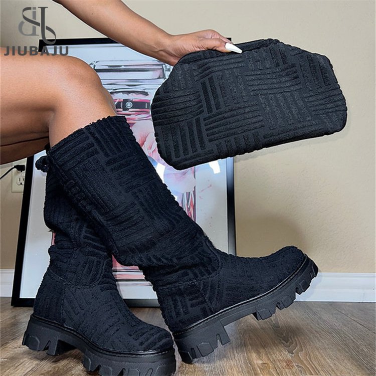 New Toweling Ladies Knee High Boots Fashion Round Toe Platform Women's Boots Party Sexy Shoes Woman