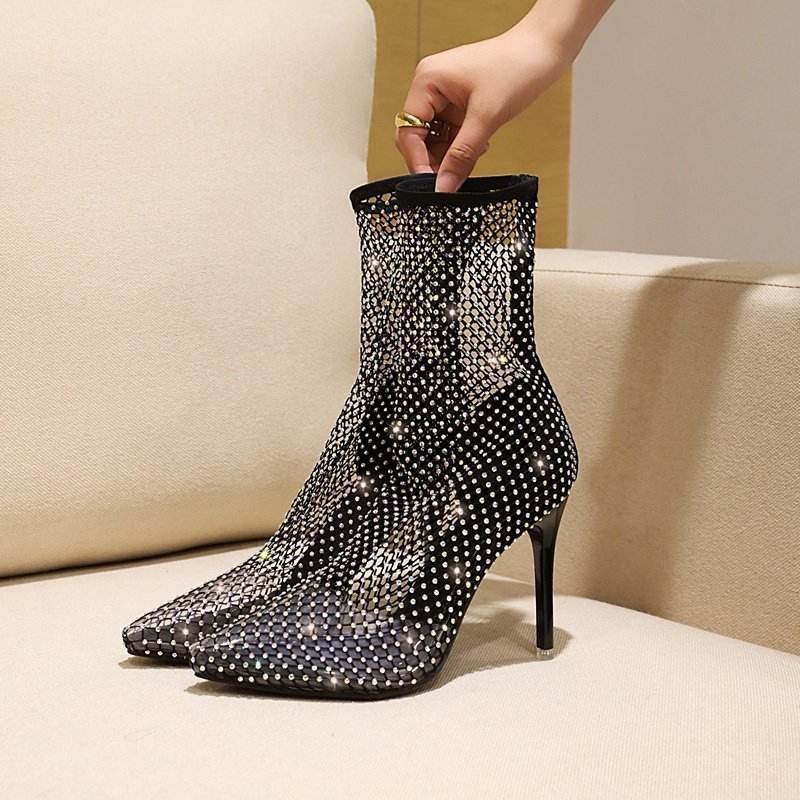 2023 Custom Women Fashion Stiletto Heel Shoes Wishbone Stocking Bling Bling Evening Party Shoes Sexy Rhinestone Ankle Boots