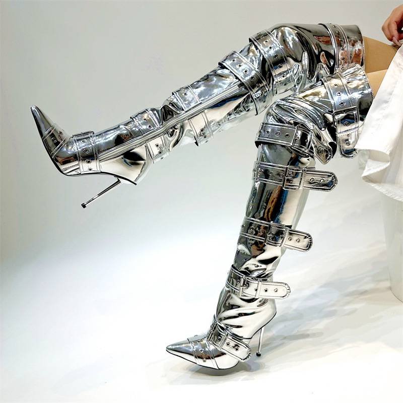 Large Buckle Fashion Over Knee Long Style Sexy Metal Heel Silver Botas Thigh High Boots