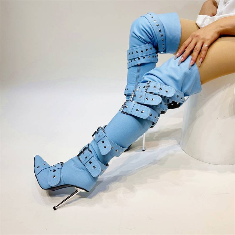 Large Buckle Fashion Over Knee Long Style Sexy Metal Heel Silver Botas Thigh High Boots