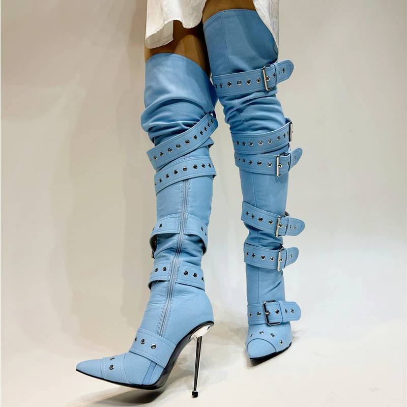 Large Buckle Fashion Over Knee Long Style Sexy Metal Heel Silver Botas Thigh High Boots