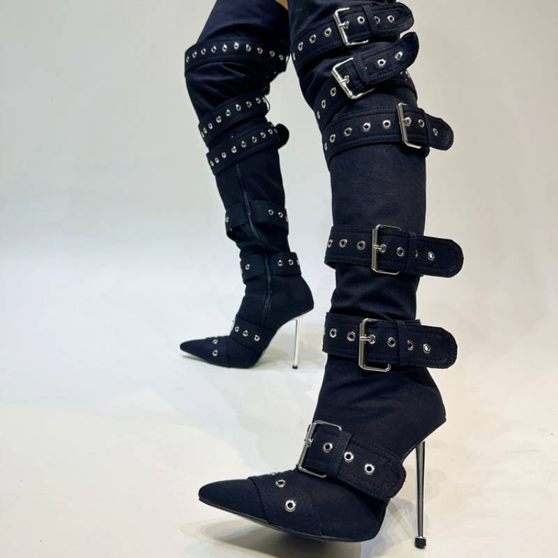 Large Buckle Fashion Over Knee Long Style Sexy Metal Heel Silver Botas Thigh High Boots
