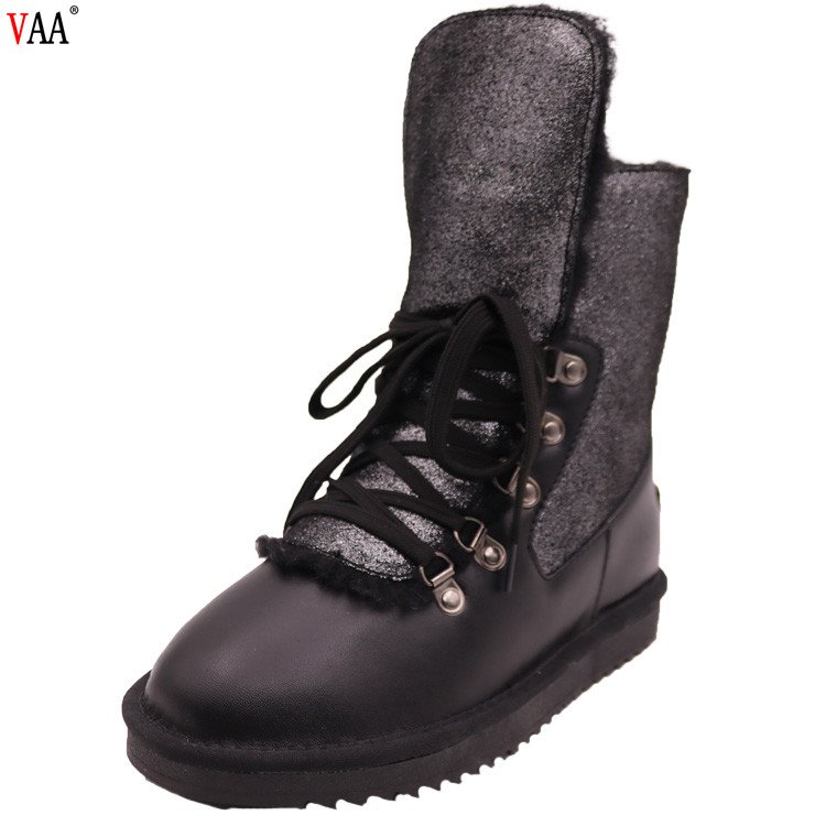CF-245 Free Samples Lace Up Cow Leather Winter Factory Pure Wool Snow Boots For Ladies,Real Fur Winter Ladies Boots Shoes