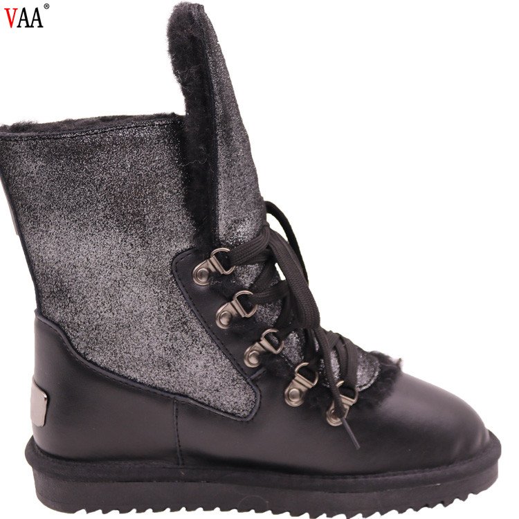 CF-245 Free Samples Lace Up Cow Leather Winter Factory Pure Wool Snow Boots For Ladies,Real Fur Winter Ladies Boots Shoes