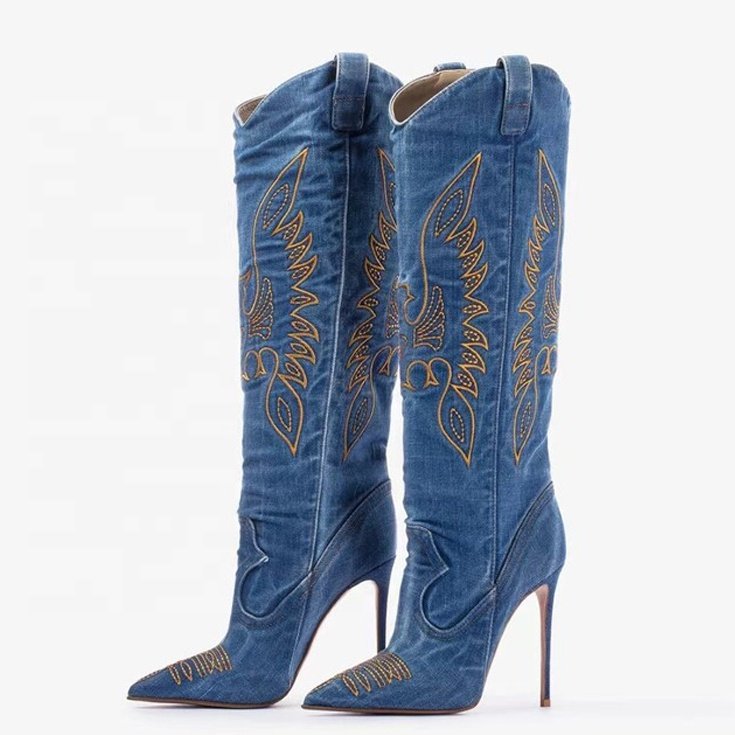 Big Size 46 Cowboy Denim Knee High Boots Thin Heels Pointed Toe Embroidered Long Booties Women's Trend Slip On Jeans Shoes