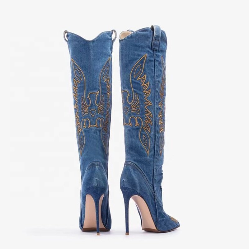 Big Size 46 Cowboy Denim Knee High Boots Thin Heels Pointed Toe Embroidered Long Booties Women's Trend Slip On Jeans Shoes