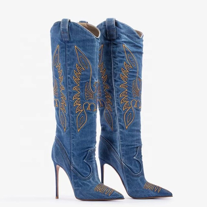 Big Size 46 Cowboy Denim Knee High Boots Thin Heels Pointed Toe Embroidered Long Booties Women's Trend Slip On Jeans Shoes