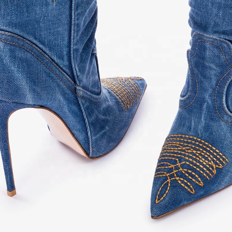 Big Size 46 Cowboy Denim Knee High Boots Thin Heels Pointed Toe Embroidered Long Booties Women's Trend Slip On Jeans Shoes