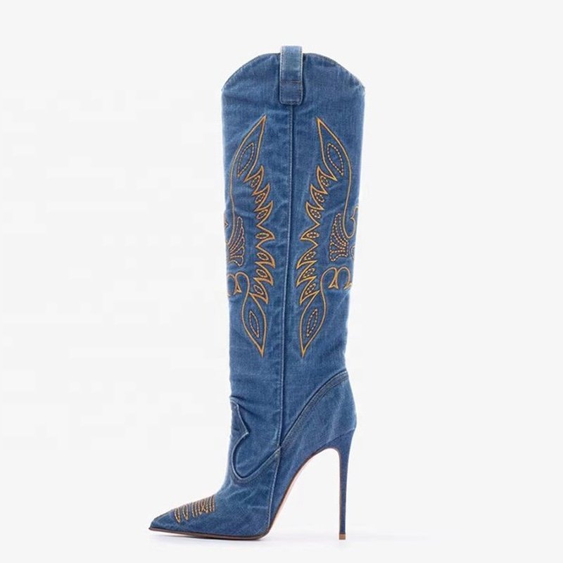 Big Size 46 Cowboy Denim Knee High Boots Thin Heels Pointed Toe Embroidered Long Booties Women's Trend Slip On Jeans Shoes