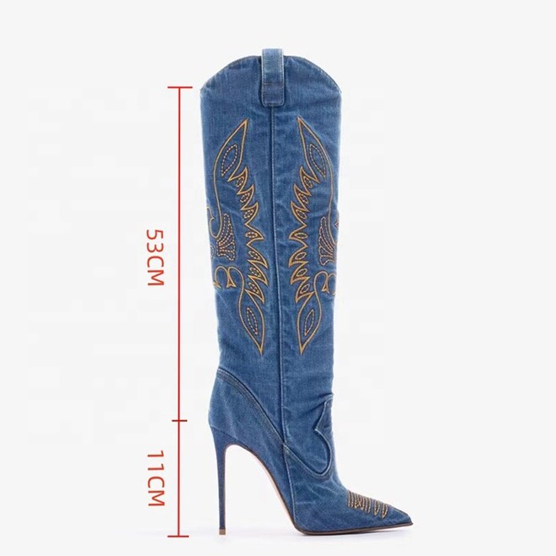 Big Size 46 Cowboy Denim Knee High Boots Thin Heels Pointed Toe Embroidered Long Booties Women's Trend Slip On Jeans Shoes