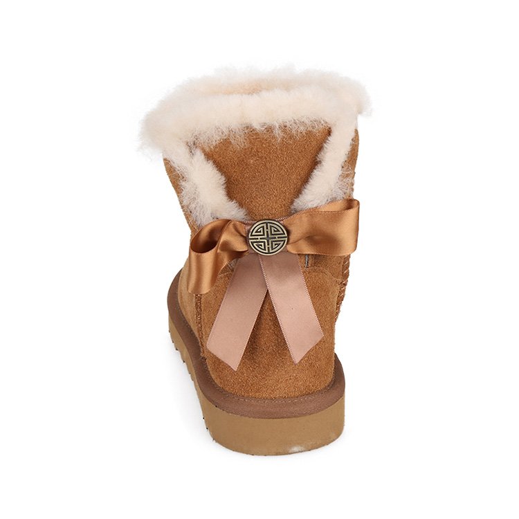 Classic ankle suede sheepskin women winter boots with bow back