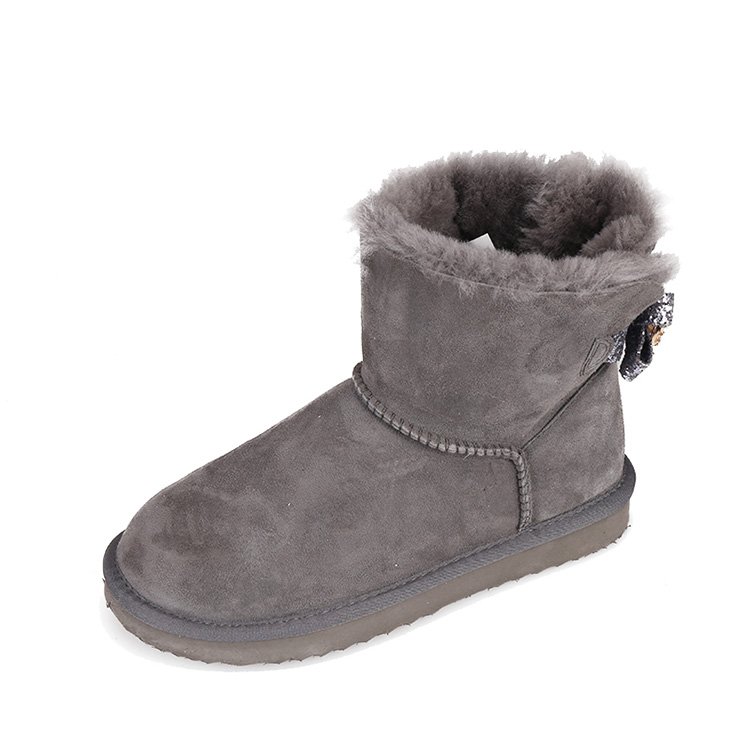 Classic ankle suede sheepskin women winter boots with bow back