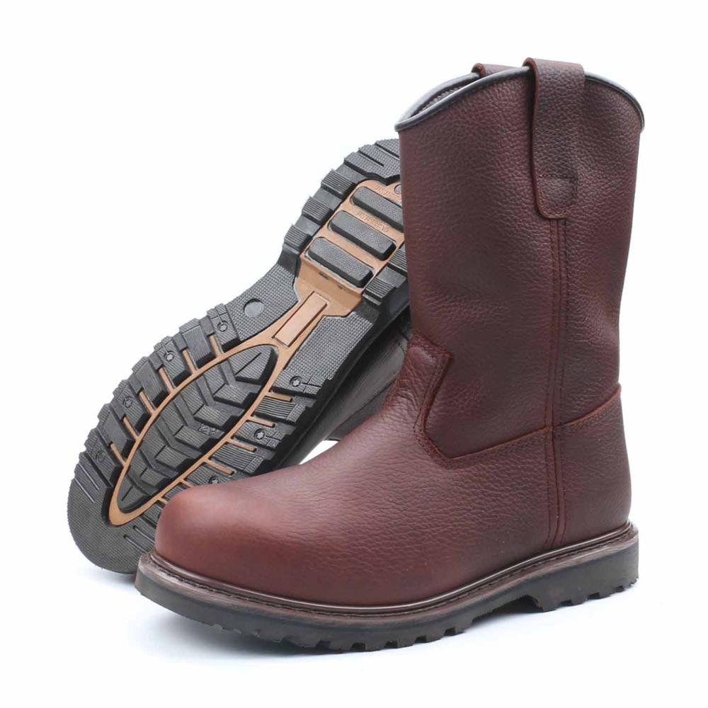 Men's fashion brown leather no lace industrial combat tactical goodyear welted safety footwear working boots