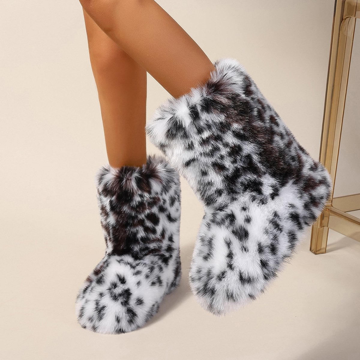 Womens Leopard Print Mid-Calf Fuzzy Faux Fur Boots - Soft, Warm, and Comfortable Slip-on Design with Flat Heel, Round Toe