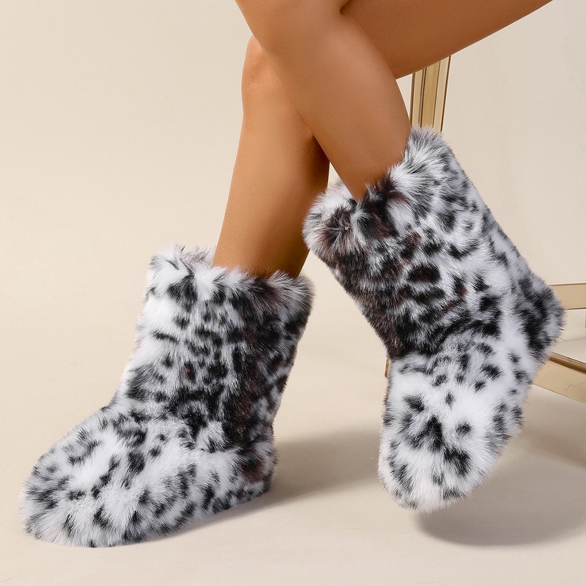 Womens Leopard Print Mid-Calf Fuzzy Faux Fur Boots - Soft, Warm, and Comfortable Slip-on Design with Flat Heel, Round Toe