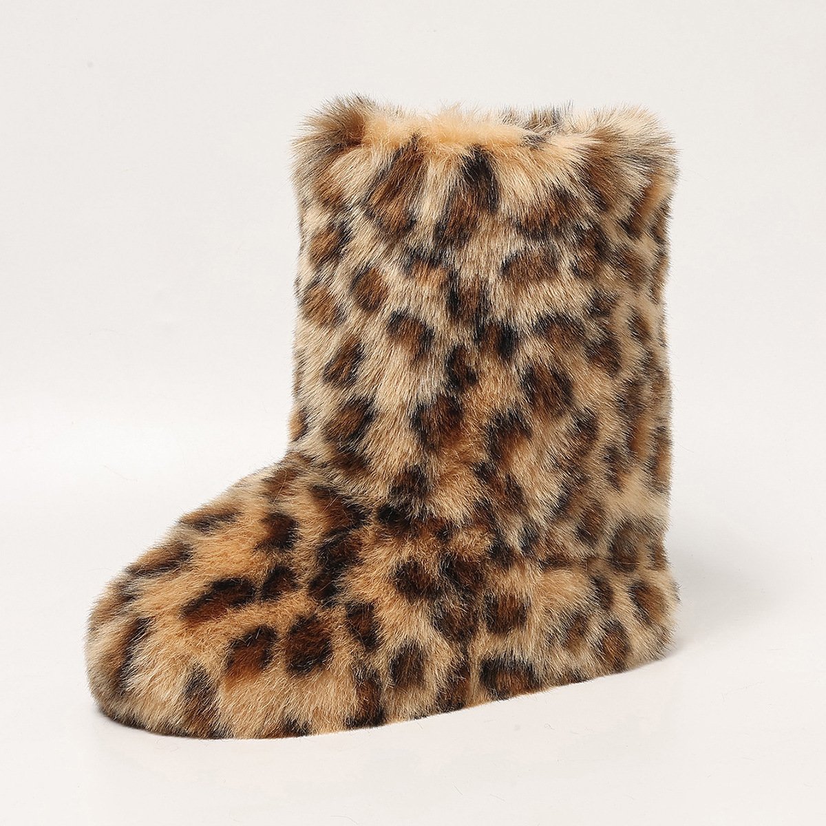 Womens Leopard Print Mid-Calf Fuzzy Faux Fur Boots - Soft, Warm, and Comfortable Slip-on Design with Flat Heel, Round Toe