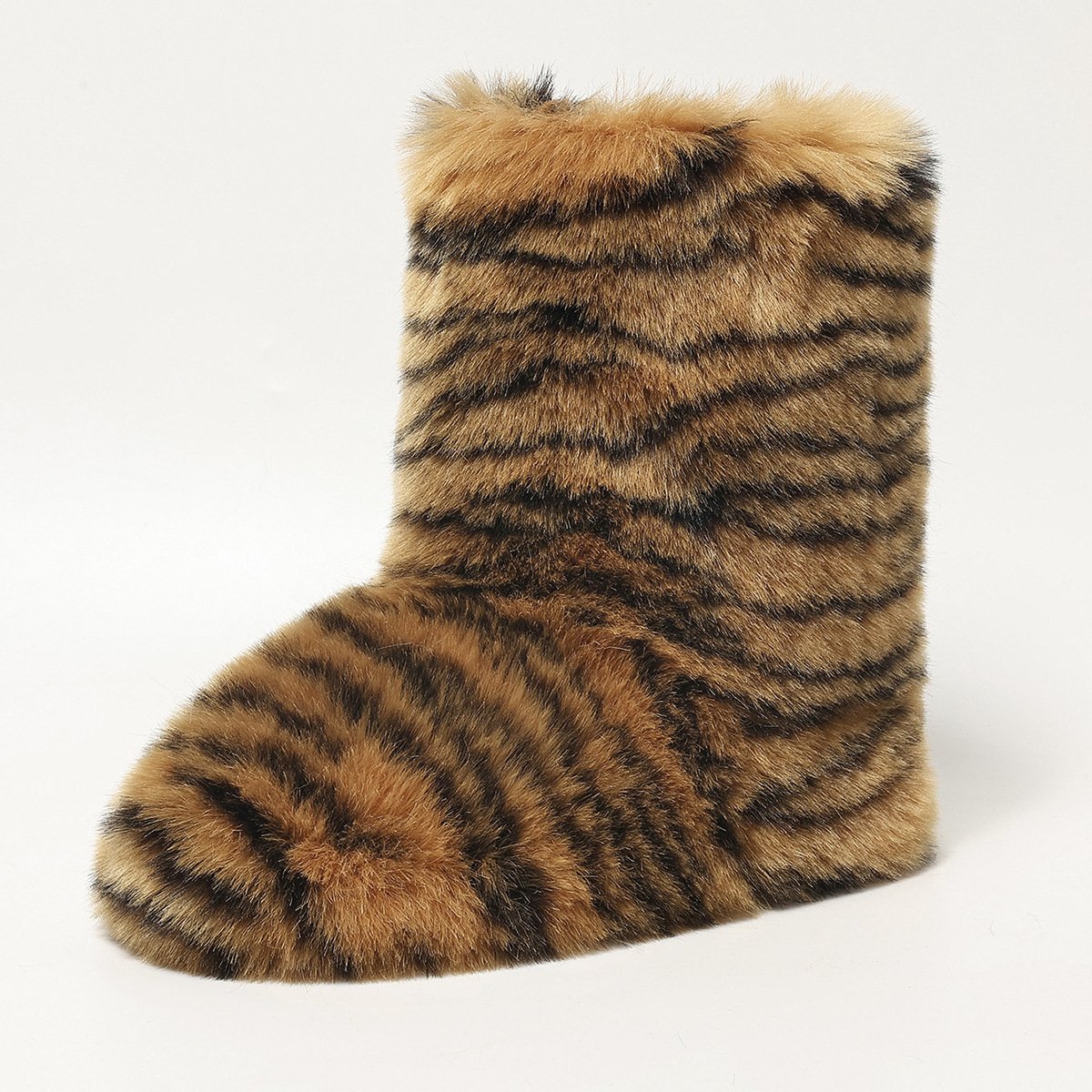 Womens Leopard Print Mid-Calf Fuzzy Faux Fur Boots - Soft, Warm, and Comfortable Slip-on Design with Flat Heel, Round Toe