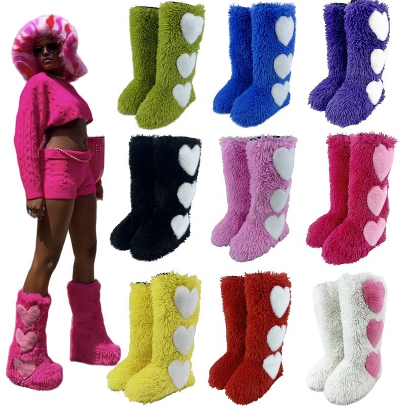 Winter Women Snow Faux Fur Long Boots Warm Plush Platform Knee-high Boot Outdoor Furry Cute Over-the-knee Heart Boots