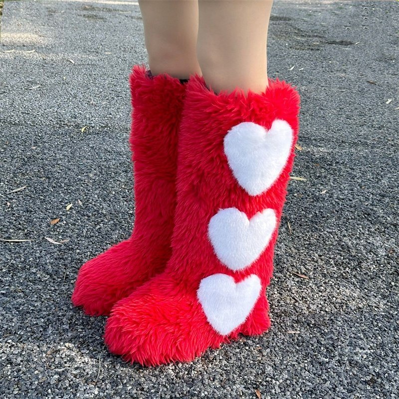 Winter Women Snow Faux Fur Long Boots Warm Plush Platform Knee-high Boot Outdoor Furry Cute Over-the-knee Heart Boots