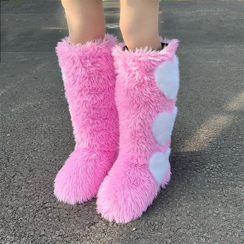 Winter Women Snow Faux Fur Long Boots Warm Plush Platform Knee-high Boot Outdoor Furry Cute Over-the-knee Heart Boots