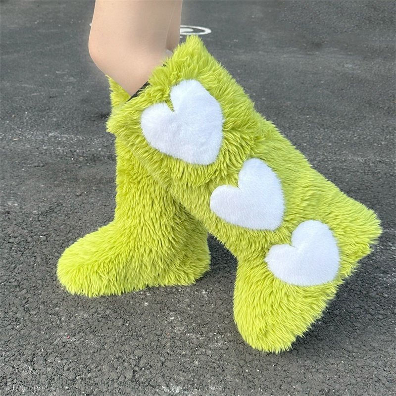 Winter Women Snow Faux Fur Long Boots Warm Plush Platform Knee-high Boot Outdoor Furry Cute Over-the-knee Heart Boots