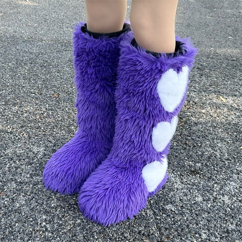 Winter Women Snow Faux Fur Long Boots Warm Plush Platform Knee-high Boot Outdoor Furry Cute Over-the-knee Heart Boots
