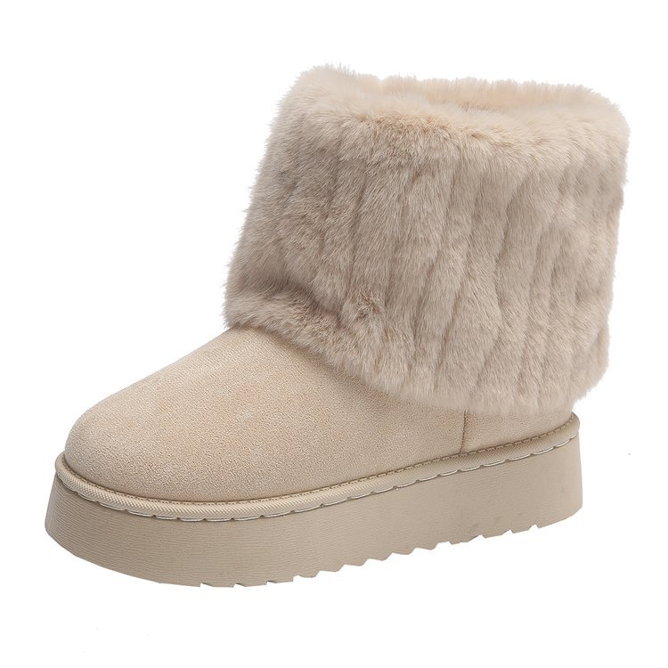 2024 Winter New Large Size Thick Sole Snow Boots Women's Sleeves with Velvet and Warm Mid Sleeve Flipped Edge Plush Cotton Shoes