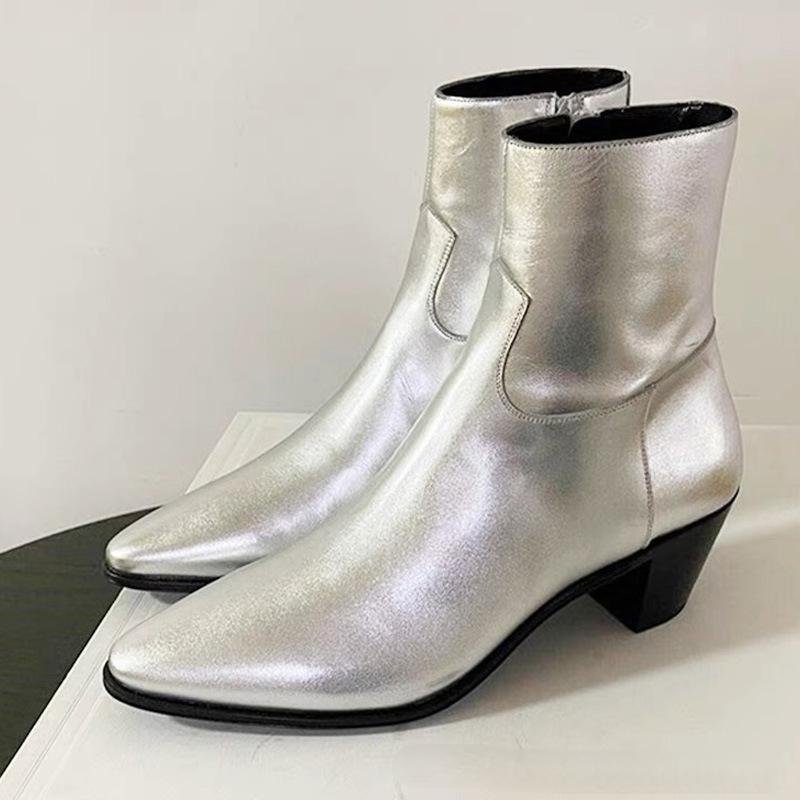 New Mens Genuine Leather Shoes Ankle Boots Pointed Toe Chelsea Cuban Heels Boots Silver Grey Chelsea Boot