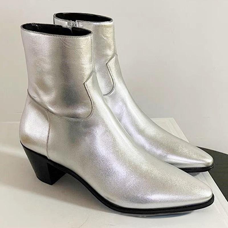 New Mens Genuine Leather Shoes Ankle Boots Pointed Toe Chelsea Cuban Heels Boots Silver Grey Chelsea Boot