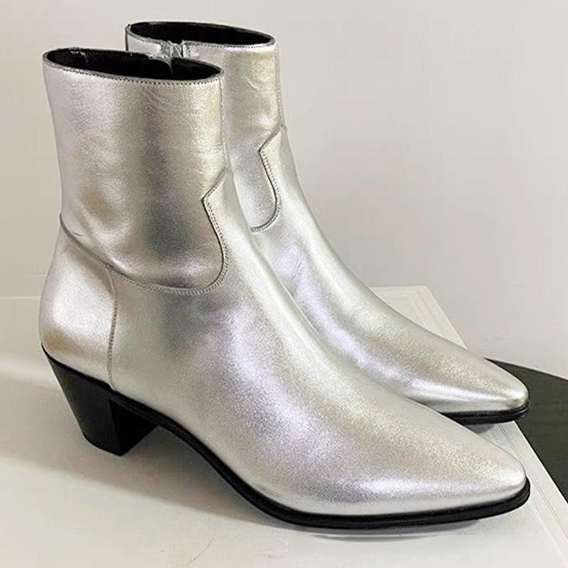 New Mens Genuine Leather Shoes Ankle Boots Pointed Toe Chelsea Cuban Heels Boots Silver Grey Chelsea Boot