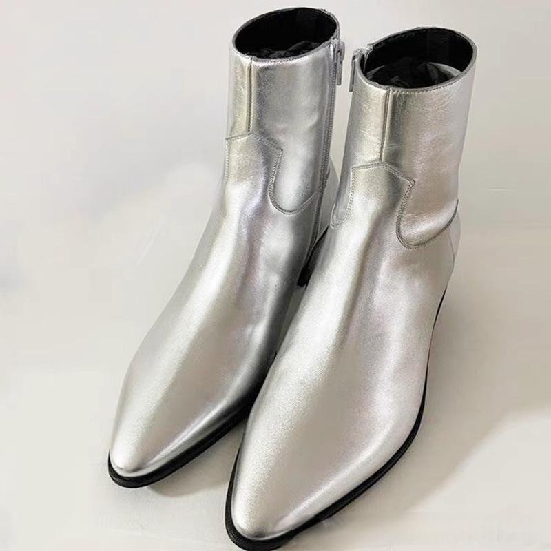 New Mens Genuine Leather Shoes Ankle Boots Pointed Toe Chelsea Cuban Heels Boots Silver Grey Chelsea Boot
