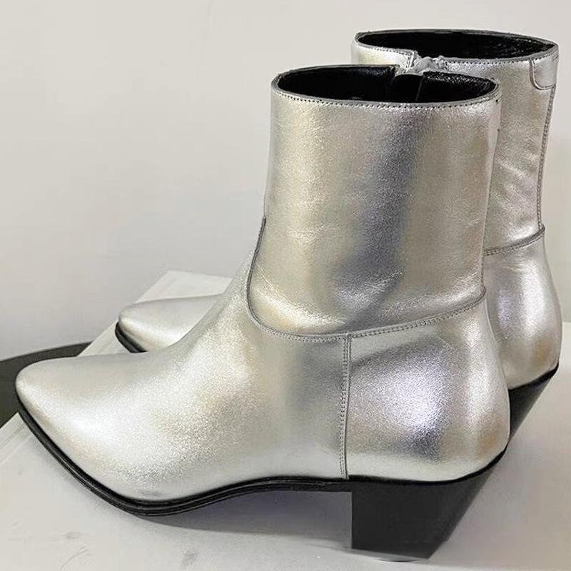 New Mens Genuine Leather Shoes Ankle Boots Pointed Toe Chelsea Cuban Heels Boots Silver Grey Chelsea Boot