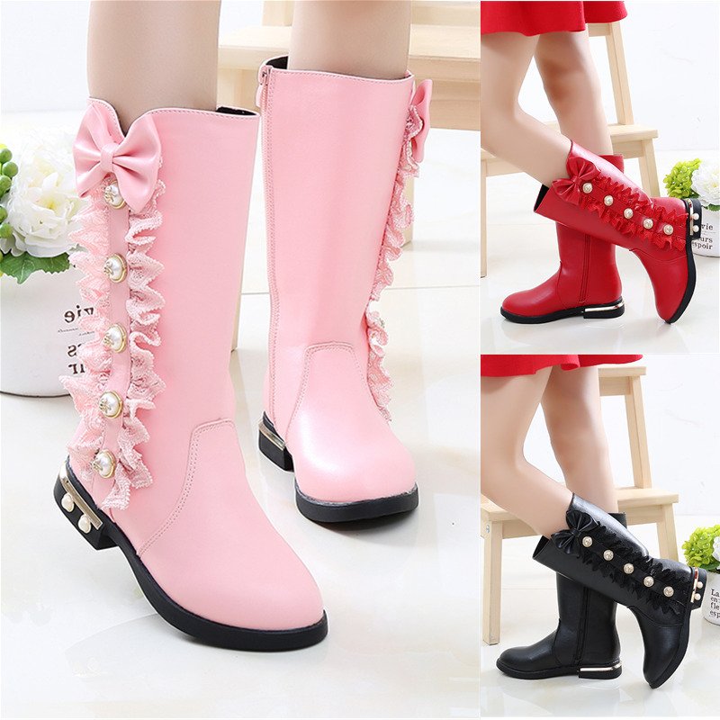 Factory Wholesale Winer Autumn Kids Shoes Pu Leather Sweet Princess Baby Girl Long Boots