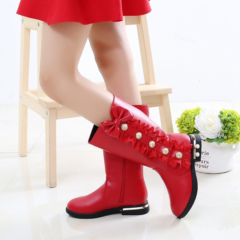 Factory Wholesale Winer Autumn Kids Shoes Pu Leather Sweet Princess Baby Girl Long Boots
