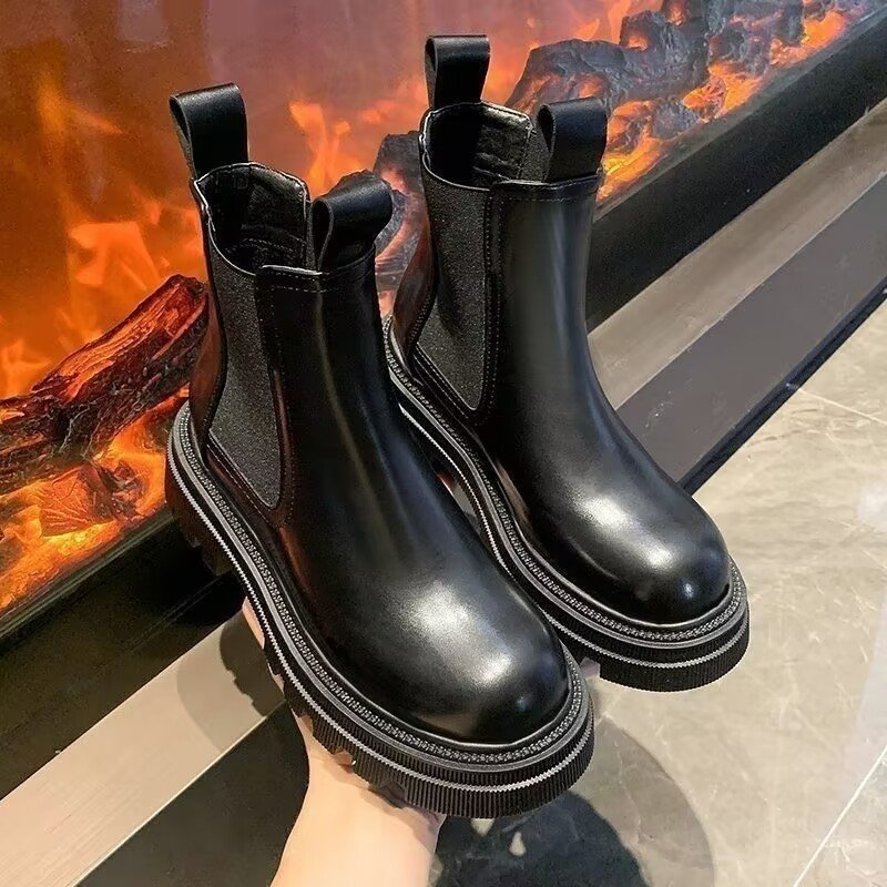 2024 New Fashion Women Ankle Botas Round British Style Thick Heeled Ankle boots winter new round toe chunky heel leather boots