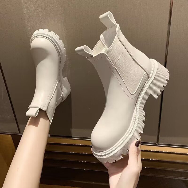 2024 New Fashion Women Ankle Botas Round British Style Thick Heeled Ankle boots winter new round toe chunky heel leather boots