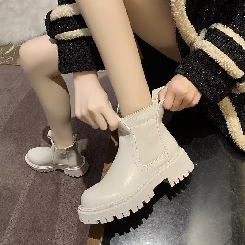 2024 New Fashion Women Ankle Botas Round British Style Thick Heeled Ankle boots winter new round toe chunky heel leather boots