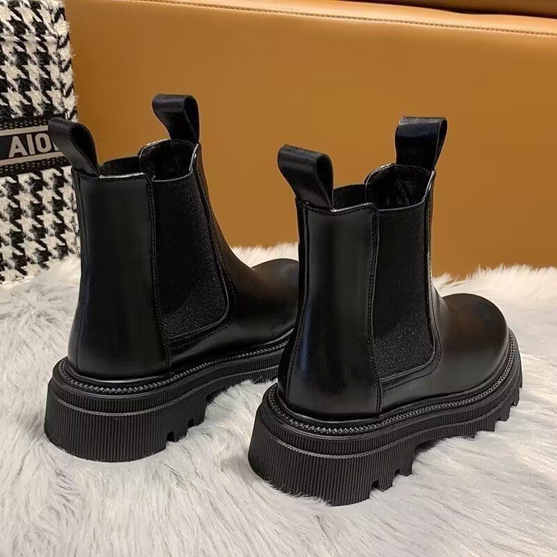 2024 New Fashion Women Ankle Botas Round British Style Thick Heeled Ankle boots winter new round toe chunky heel leather boots