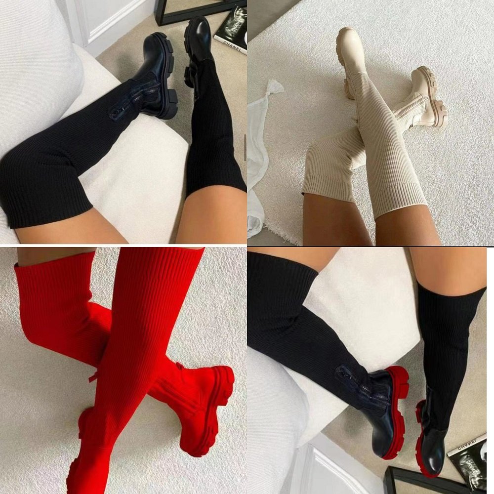 Safety Shoes Platform Knee Boots with Zipper Black and Beige Colors Thigh High Boots Winter Boots for Ladies