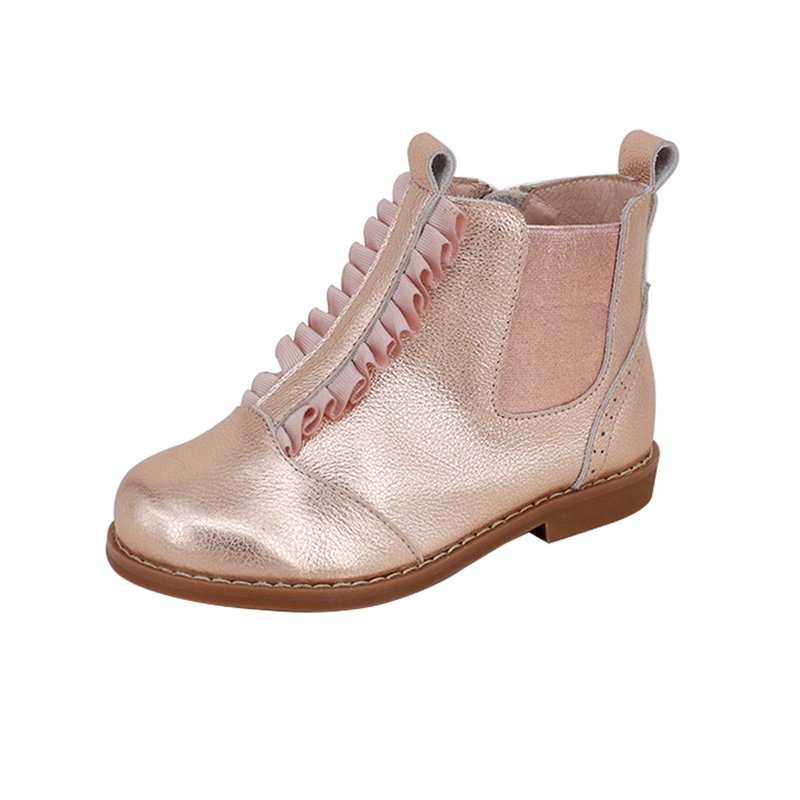 Fashion Rose Gold Pebbled Leather Upper Zipper Ankle Kids Girls Boots Shoes