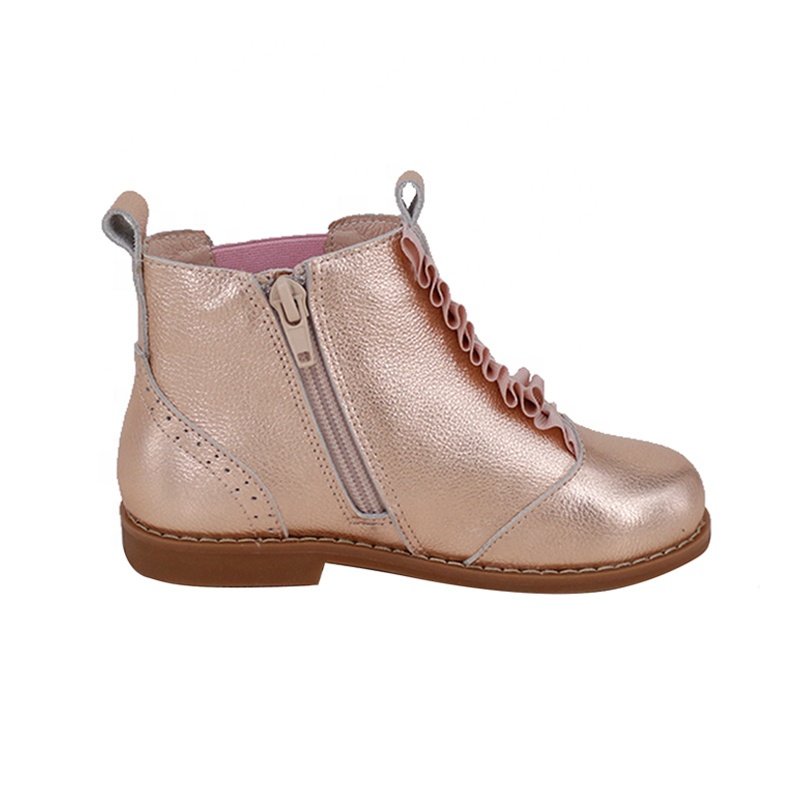 Fashion Rose Gold Pebbled Leather Upper Zipper Ankle Kids Girls Boots Shoes