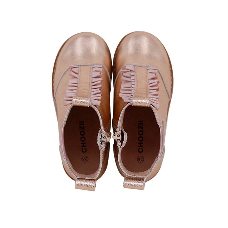 Fashion Rose Gold Pebbled Leather Upper Zipper Ankle Kids Girls Boots Shoes