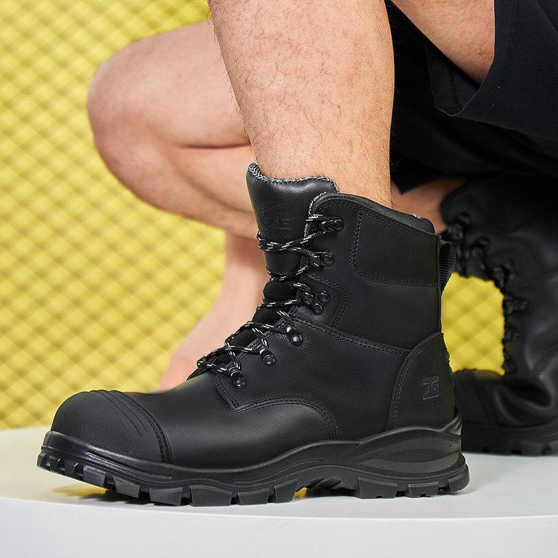 Customized black high cut genuine leather safety boots work boots with PU oursole for men