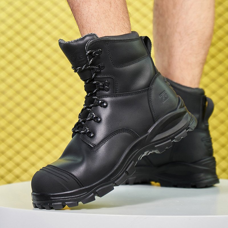 Customized black high cut genuine leather safety boots work boots with PU oursole for men