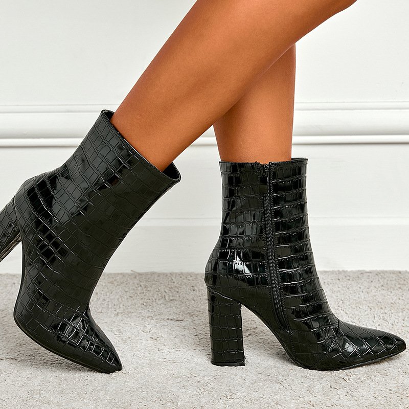 2024 fall winter trendy thick heel stone pattern waterproof half boots ankle high heel boots for women