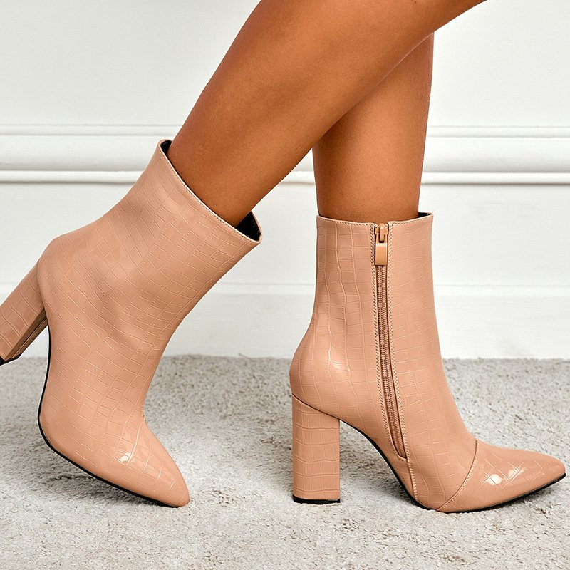 2024 fall winter trendy thick heel stone pattern waterproof half boots ankle high heel boots for women
